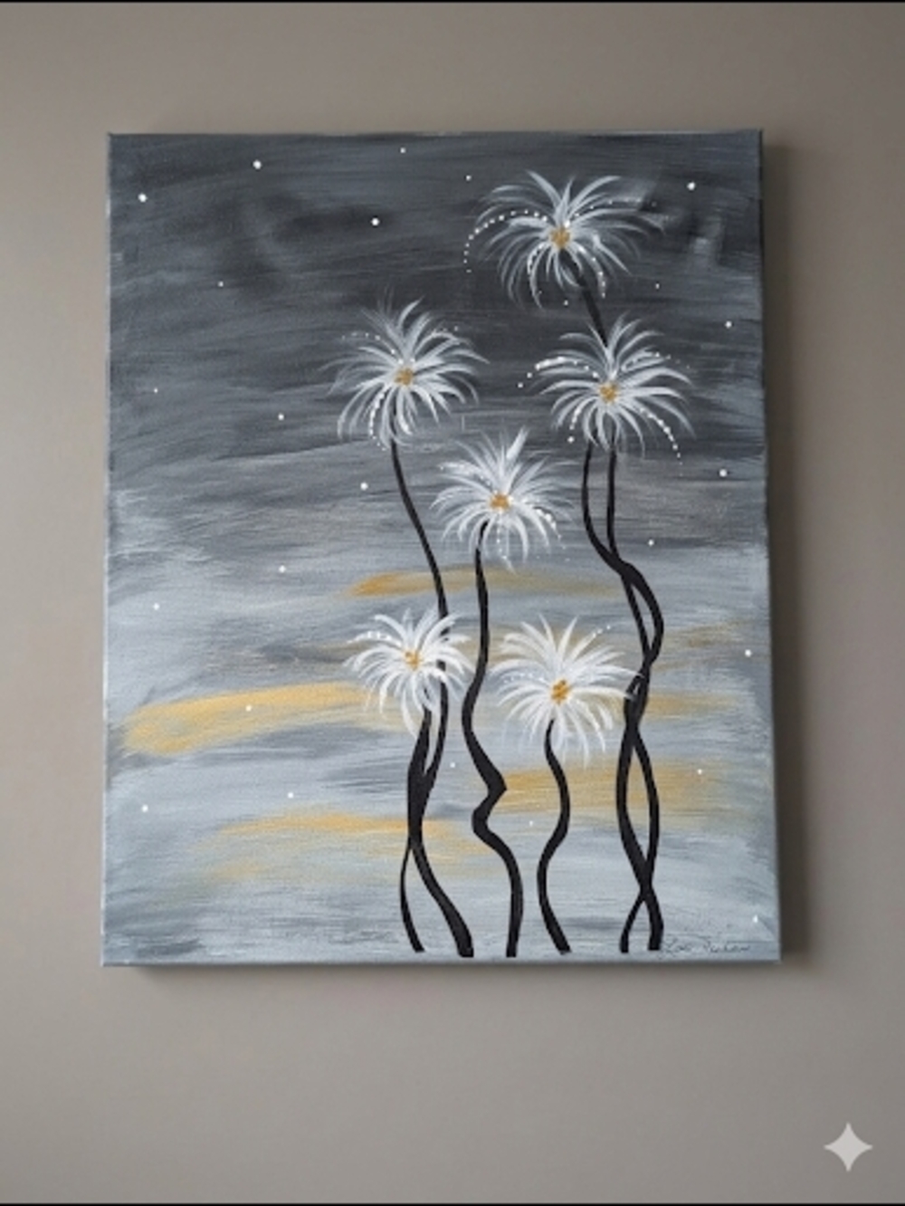 Lori Fisher Abstract Floral Acrylic Painting - Grey, Gold & White